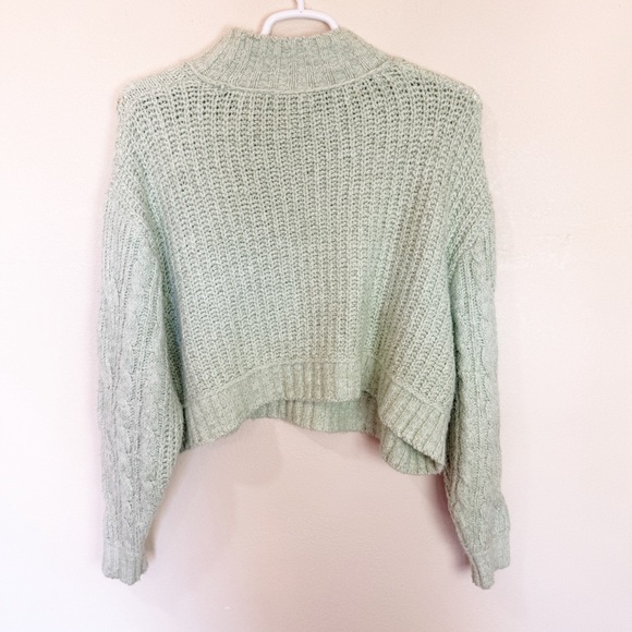 Free People Chunky Knit Oversized Crop Sweater Pullover Mint Green Large Cable - Picture 6 of 7
